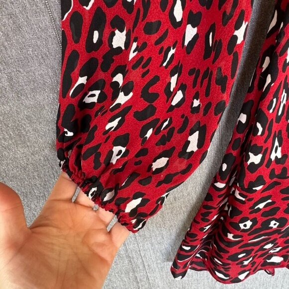 A.L.C. Michaela 100% Silk Red Cheetah Print Ballon Sleeve True Wrap Mini Dress - Picture 7 of 17